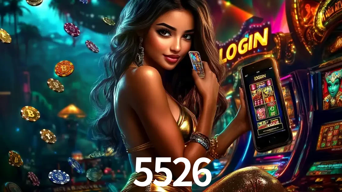 Mulher em um cenário de cassino temático de aventura, mostrando o app de caça-níqueis da 5526 no celular. Fichas de apostas flutuam ao redor.