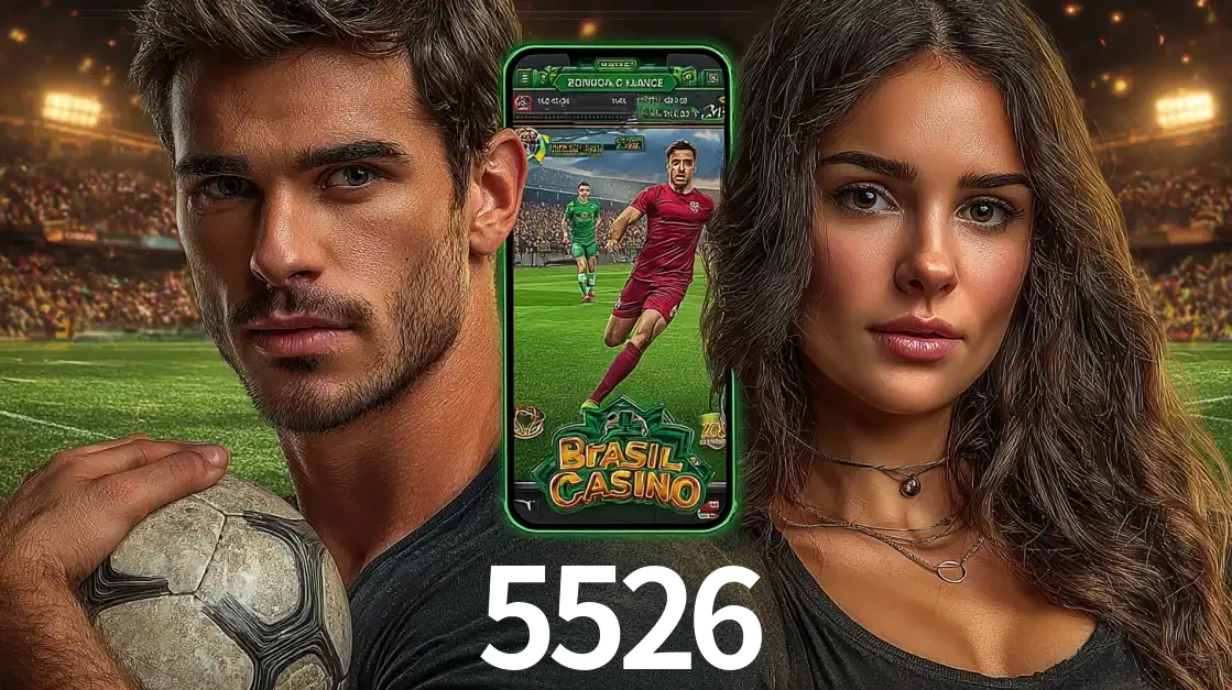 Homem segurando uma bola de futebol e uma mulher ao lado de um smartphone exibindo o jogo de apostas esportivas da 5526. Faça seu palpite no cassino online.